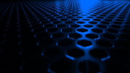 Surface with blue hexagon holes. Selected focus. Great for design backgrounds