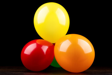 Bunch of colorful balloons on a wooden table against a black background.