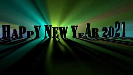 Happy new year 2021 Theme, 3D Text along with Multicolor spreading and illuminating light rays in different colors, 3D render