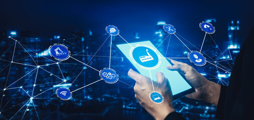 Industry 4.0 technology concept - Smart factory for fourth industrial revolution with icon graphic...