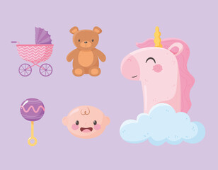 baby shower, cute unicorn bear pram rattle and boy fae icons