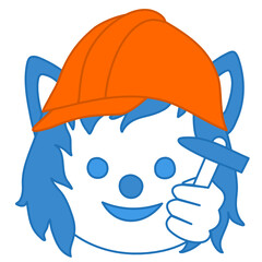 worker emoji wearing a safety work helmet and holding a hammer in his hand, simplistic facial expression vector illustration, wolf cartoon character