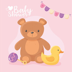 Fototapeta na wymiar baby shower, kids toy teddy bear duck and rattle