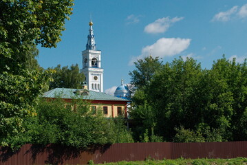 Dedenevo. Dmitrov district. Moscow region. Russia. August 09.2016. View of the bell tower of St. Saviour and Blachernitissa Convent on sunny days