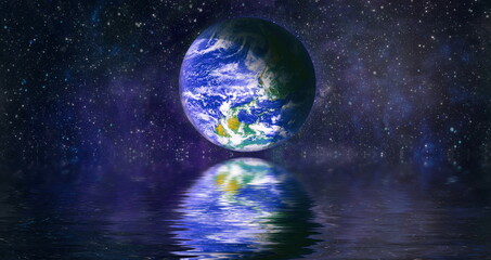 Earth beautiful unusual space planet in space reflected in water. galaxy stars night sky ,Elements...