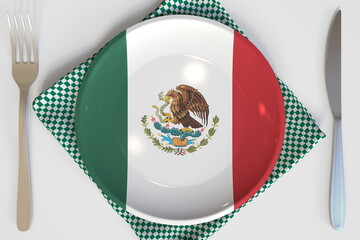 Top-down view of the plate with flag of Mexico, national cuisine conceptual 3d rendering