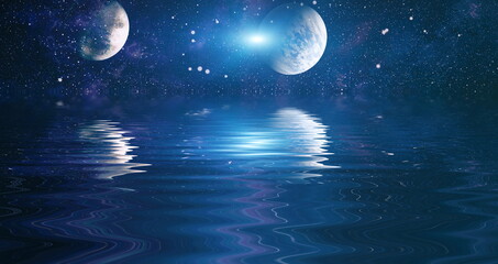 Beautiful unusual space planet in space reflected in water, galaxy stars night sky ,Elements of...