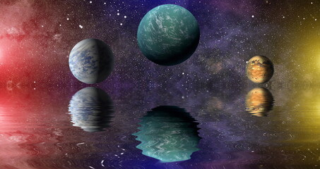 Beautiful unusual space planet in space reflected in water, galaxy stars night sky ,Elements of...