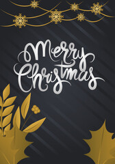 merry christmas, golden hanging snowflakes leaves lettering over black background