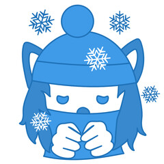 winter or snowflake symbol and freezing or cold wolf emoticon wrapped in a warm scarf or sweater and wearing a knitted hat, simplistic expression vector illustration