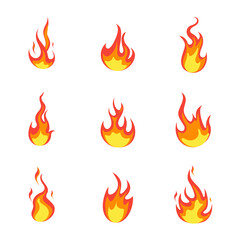 Cartoon fire flame, fire ignition with flame, hot fire explosion flame heat danger flames, red and orange flames Collection of hot flame elements, energy vector concept