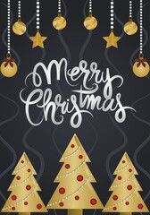 merry christmas, golden balls and stars with tree decoration