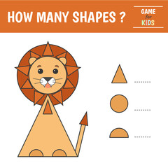 Educational game for kids. Geometrical figure lion. Count  circles, triangles, semi-circles. Preschool worksheet activity. Vector illustration