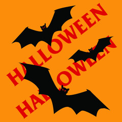 vector illustration of flat black bat halloween celebration on orange screen