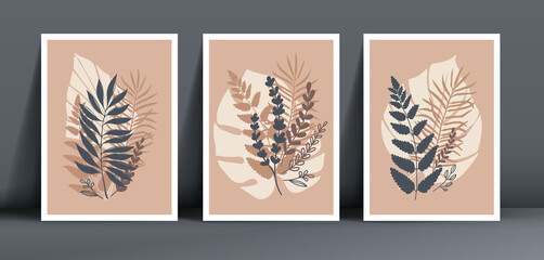 Mock up poster frame for wall decor of interiors. Set of modern vector illustration of abstract silhouettes tropical leaves in minimalist. Arrangements flat geometric shapes in trendy floral ornament