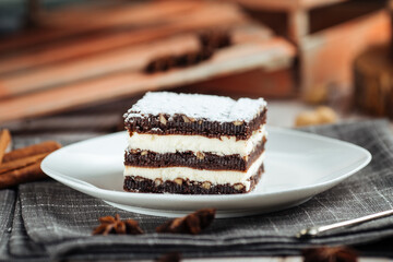 Brownie dessert with chocolate cakes with nuts