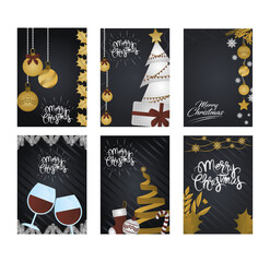 merry christmas, greeting card set with golden decoration season celebration