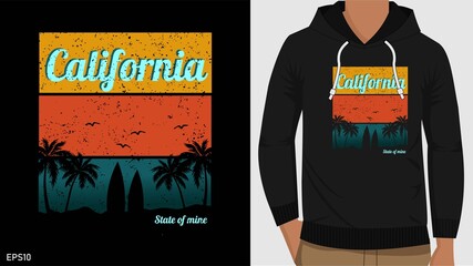 hoodie with california beach graphic , vintage colorful illustration.  