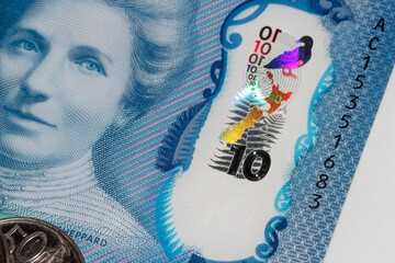 New Zealand Currency - macro of a ten dollar banknote. Close up of the new polymer ten dollar...