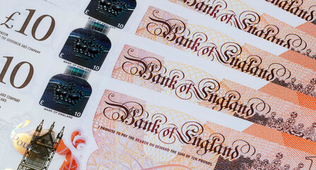 British Currency - ten pound banknotes in a spreading fan and panoramic format.