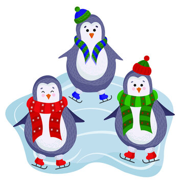 Vector penguins on an ice rink in flat style isolated on a white background. Penguins in ice skates, hats and a scarf on the ice. Perfect for illustrating winter holidays, Christmas and new year