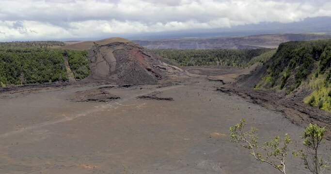 4k stationary locked off motion view of inside the Kilauea Iki crater which is a pit crater that is next to the main summit caldera of Kīlauea,Volcanoes National Park,big island,hawaii,usa