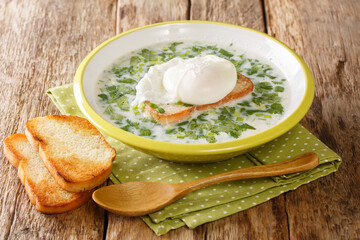 Recipe Colombian Changua breakfast soup made from eggs, milk, herbs and fried bread close-up in a plate on the table. horizontal