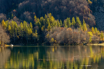 Reflections of autumn foliage in the still water of Lake Santo Modenese, Emilia Romagna, Italy