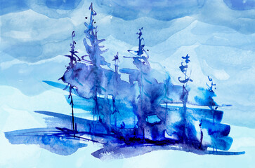 Watercolor art illustration. Drawing of the blue forest, pine tree, spruce, cedar. Dark, dense forest, suburban landscape. Postcard, logo, card, banner. Misty forest, haze. wood on a snowy slope. clif