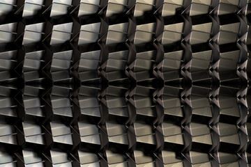 3D Background abstract minimalistic texture with many metal rows of volumetric cubes / pentahedrons lying in the white light. Animation. Mobile briquette wall