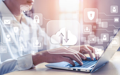 Cloud computing technology and online data storage for global data sharing. Computer connects to...
