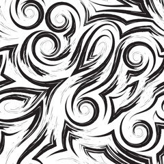 Vector black seamless pattern of waves or swirl drawn with a brush for decor isolated on a white background.Smooth uneven lines in the form of spirals of corners and loops.