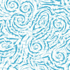 Vector blue seamless pattern drawn with a brush for decor isolated on a white background.Smooth lines with torn edges in the form of spirals of corners and loops.
