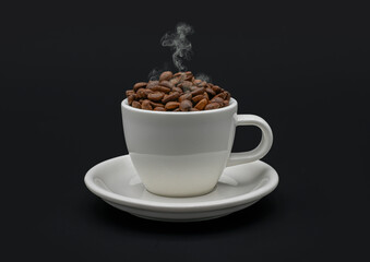 FRESH ROASTED COFFEE BEANS IN WHITE COFFEE CUP BLACK  BACK GROUND  ,ROASTED COFFEE BEANS