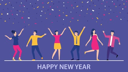 Group of happy business people at a Christmas and New Year s corporate party. Positive men and women dancing and having fun. Vector illustration in flat style