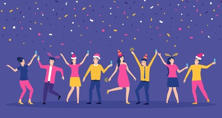 Group of happy business people at a Christmas and New Year s corporate party. Positive men and women dancing and having fun. Vector illustration in flat style