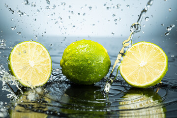 Two green limes on gradient background with splash and water drops