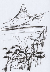 富士山と海の墨絵