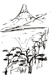 富士山と海の墨絵