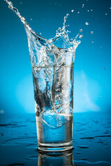 Splash in a glass of water from a falling piece of ice on a blue background