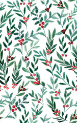 Seamless watercolor Christmas pattern with strawberries and spruce