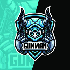 robot wearing buffalo hat and bring guns