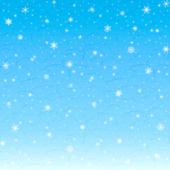 Vector winter square Christmas background of falling snowflakes, grunge contour clouds on the light blue sky.Beautiful sky, shiny snowflakes for design of web banner, social media, poster, card.EPS 10