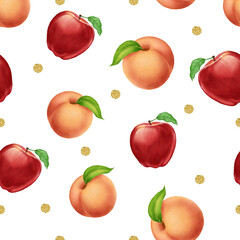 seamlesss hand draw apple and peach with gold dot glitter pattern on white background
