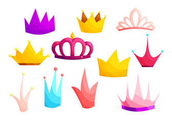 Medieval crowns cartoon vector color illustrations set. Royal headwear items with precious gems isolated on white background. Queen tiara, princess symbol, fairytale diadems design elements © levinanas