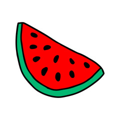 Vector outline illustration of one slice fresh red and green watermelon with black seeds isolated on a white background