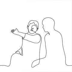 man points his hand to another. one line drawing of a man discussing one of whom raised his hand and directed it somewhere side