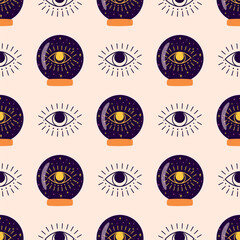 Magic crystal ball pattern, fortune eye. Crystal ball future hand drawn seamless background Esoteric alchemy vector
