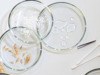 Serum for skin care, eco-friendly cosmetics. Bottles and ingredients