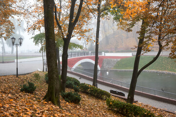 City park in the autumn, foggy morning. Gomel, Belarus.